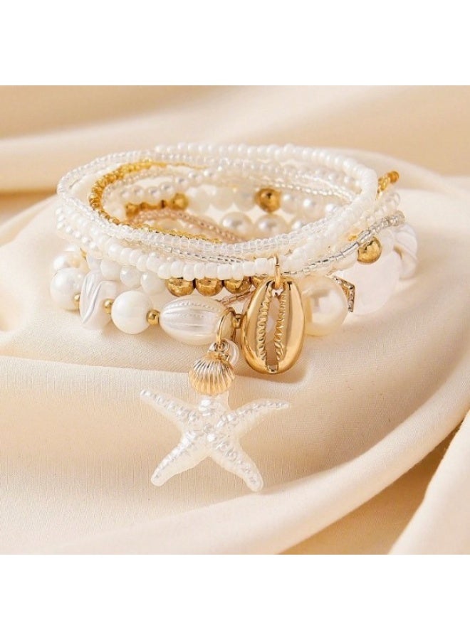 JUMEI 7 Pcs Bohemian Beaded Bracelet Set for Women, Shell & Starfish Beach Bracelets, Stackable Gold Pearl Bracelets, Summer Festival Daily Wear - Image 2